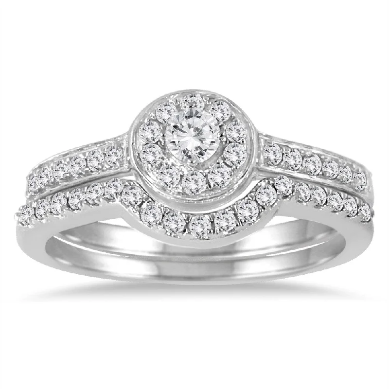 Marquee Jewels 10k White Gold 1/2 CT TDW Diamond Halo Bridal Ring Set