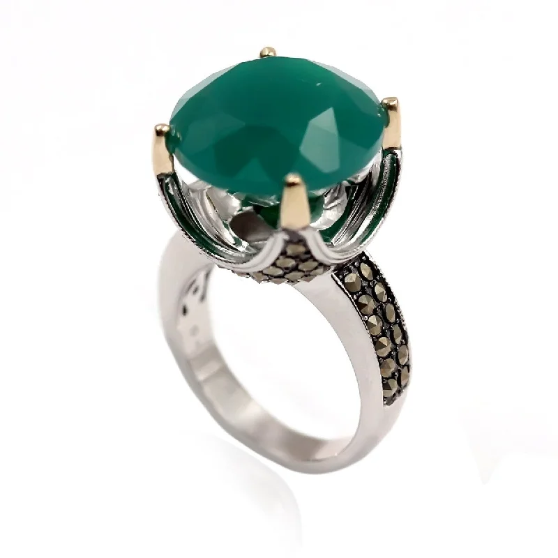 14k Gold And Sterling Silver Green Agate and Marcasite Ring