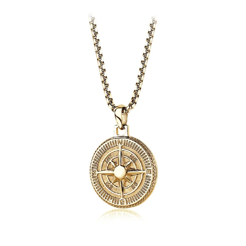 Stainless Steel Yellow Gold Plated Compass Pendant Men's Necklace