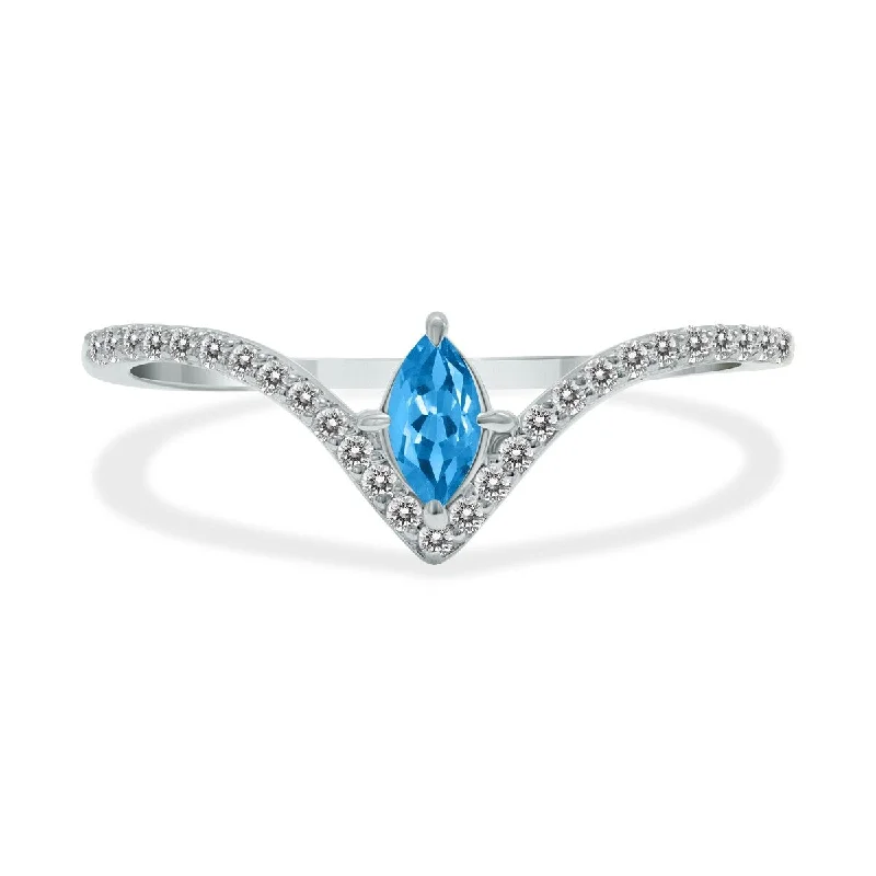 Marquee Jewels 1/4 Carat TW Blue Topaz and Diamond V Shape Ring in 10K White Gold