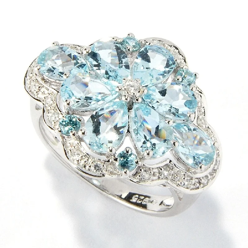 Platinum O/ Silver 3.26Ctw Aquamarine,Blue & White Zircon Cluster Ring