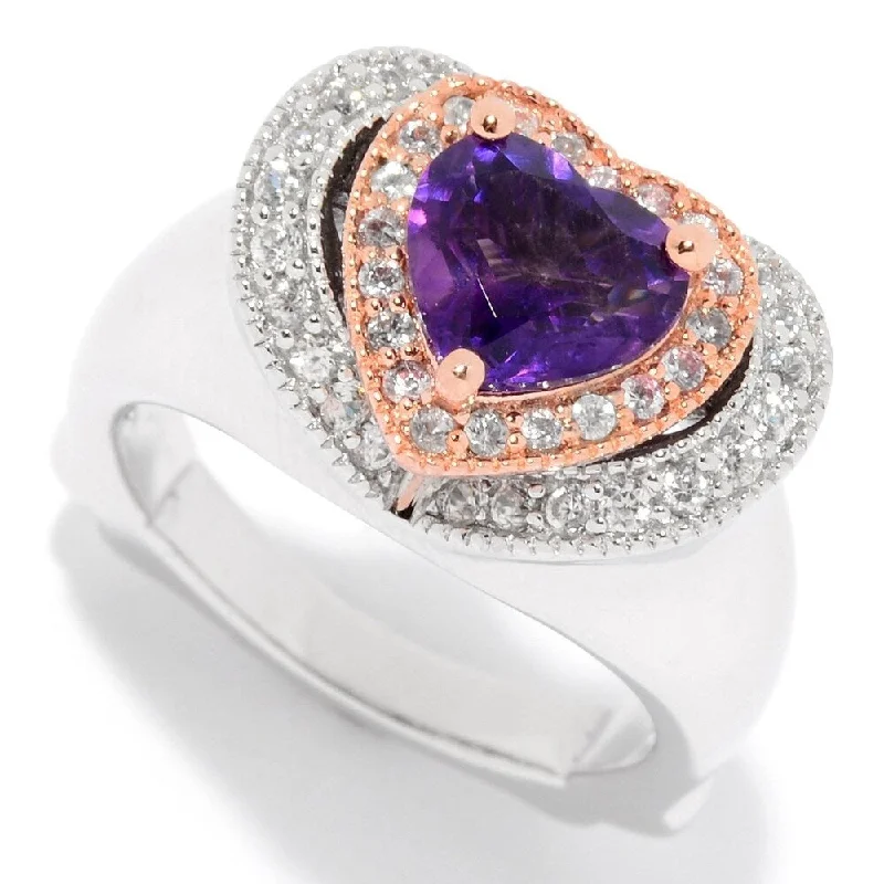 Sterling Silver African Amethyst Heart Cut & White Zircon Ring - Purple