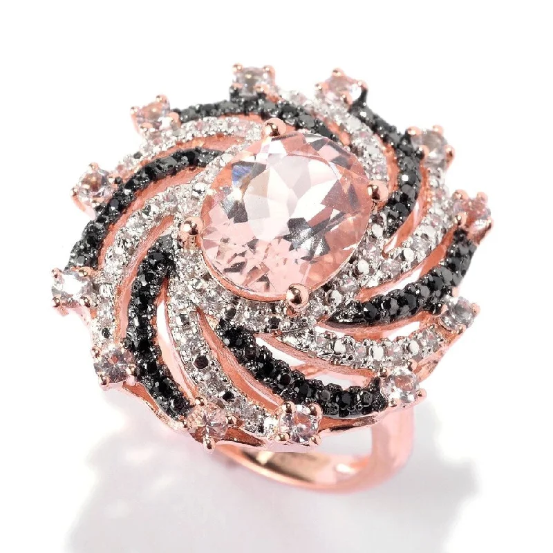 18K Rose Vermeil 2.9Ctw Morganite, Black Spinel & White Zircon Swirl Ring