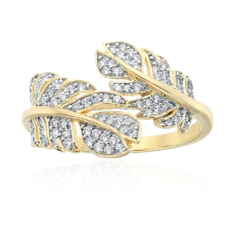 Yellow Gold - plated Silver White Zirconia Leaf bypass Ring Size - 7