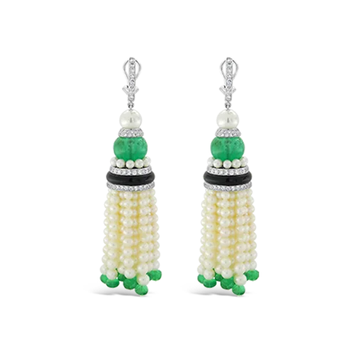 Pearl, Emerald, Onyx & Diamond Tassel Earrings