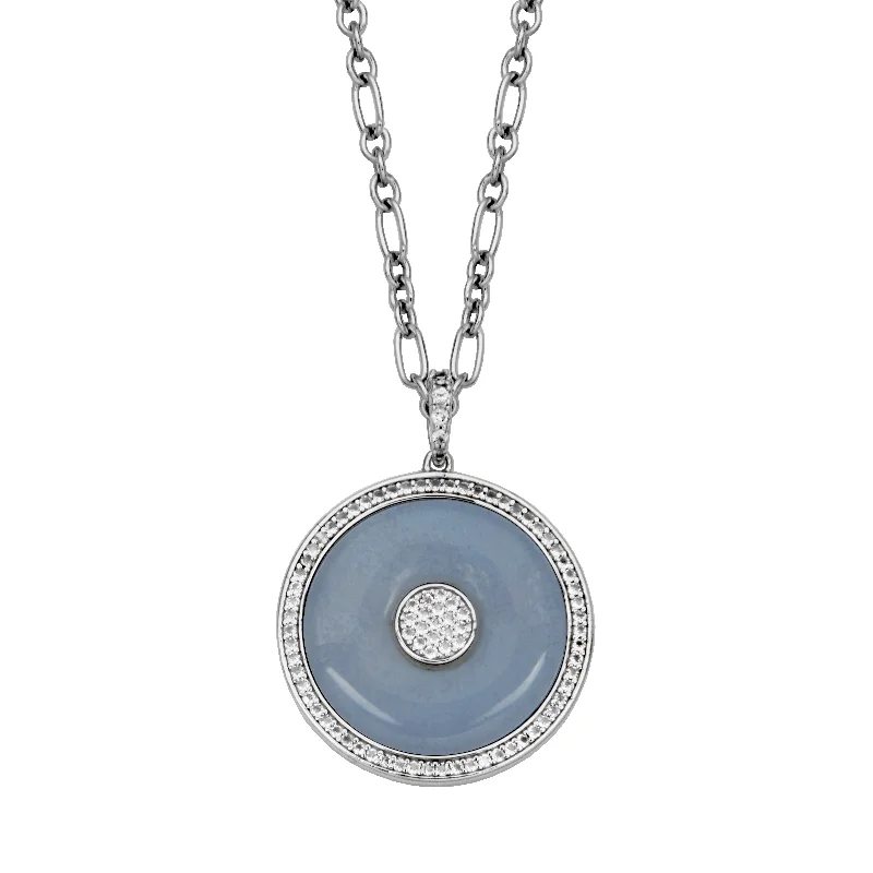 Sterling Silver Blue Lace Agate and White Topaz Medallion Drop Necklace by Samuel B.