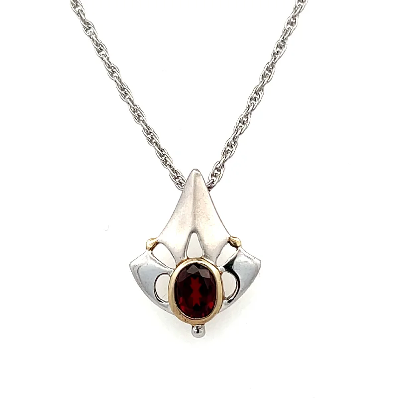 Estate Sterling Silver 2.15ctw Oval Garnet Geometric Leaf Necklace