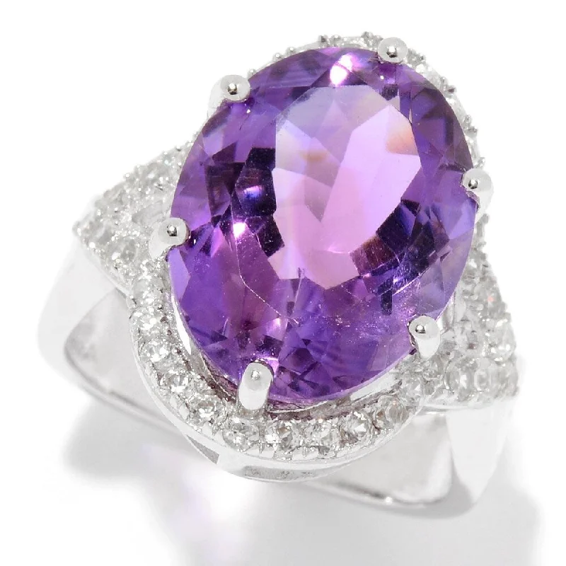 Sterling Silver 8.93ctw Amethyst & White Zircon Halo Ring