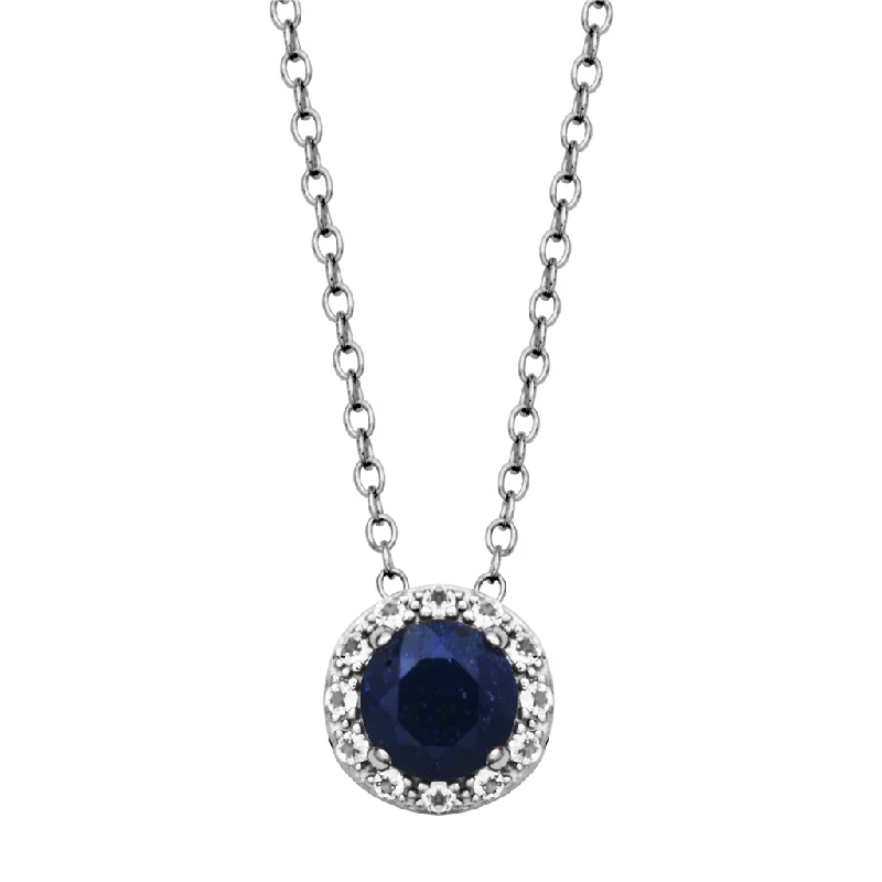 Sterling Silver Dyed Blue Sapphire & White Topaz Halo Necklace by Samuel B.