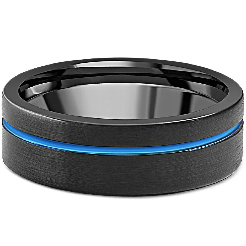 Men's Black & Blue Inlay Tungsten Ring Brushed Ring 8mm Wedding Band