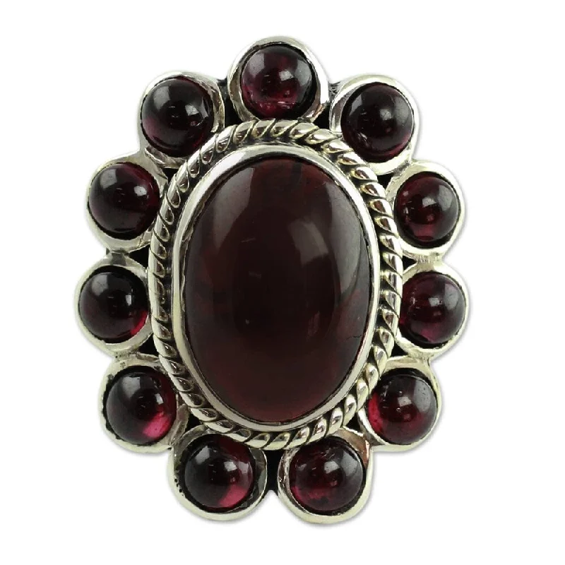 NOVICA Handmade Sterling Silver 'Scarlet Petals' Garnet Ring (India)