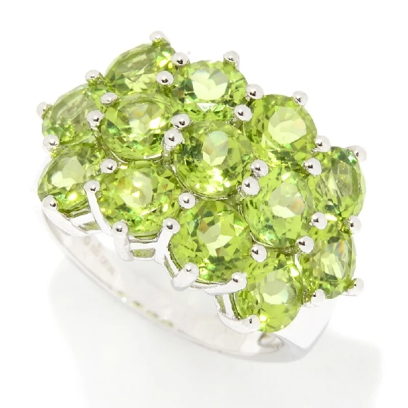 Sterling Silver Peridot Round Cut 3 Row Ring - Green