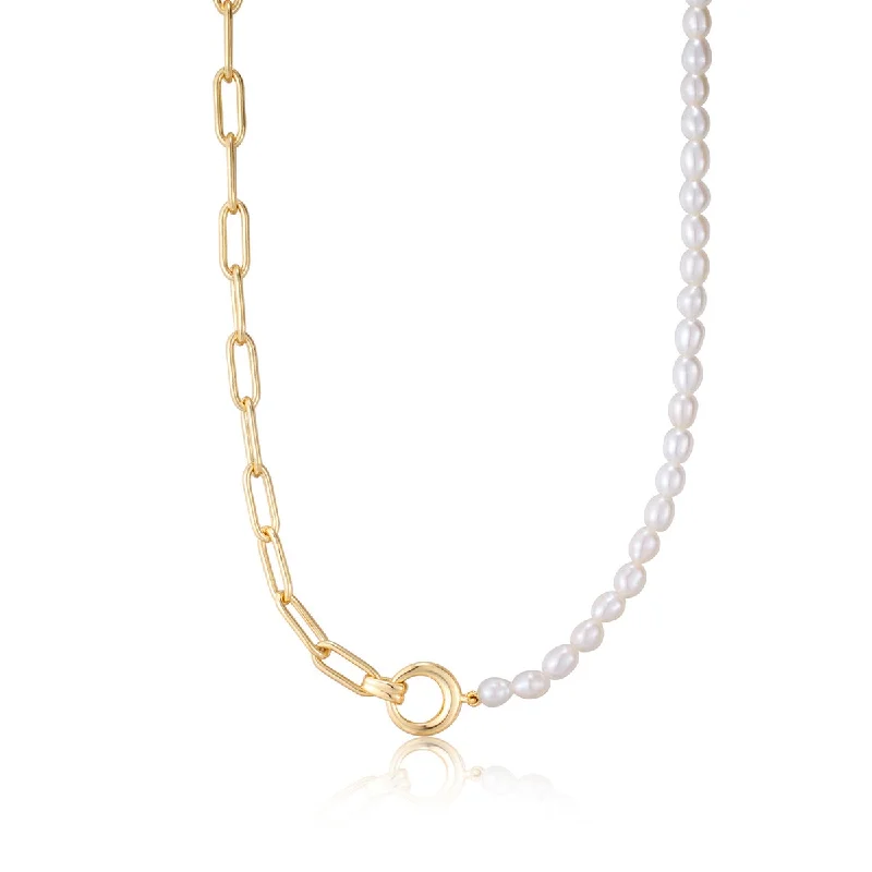 Gold Plated Pearl Strand & Paperclip Chain Necklace by Ania Haie