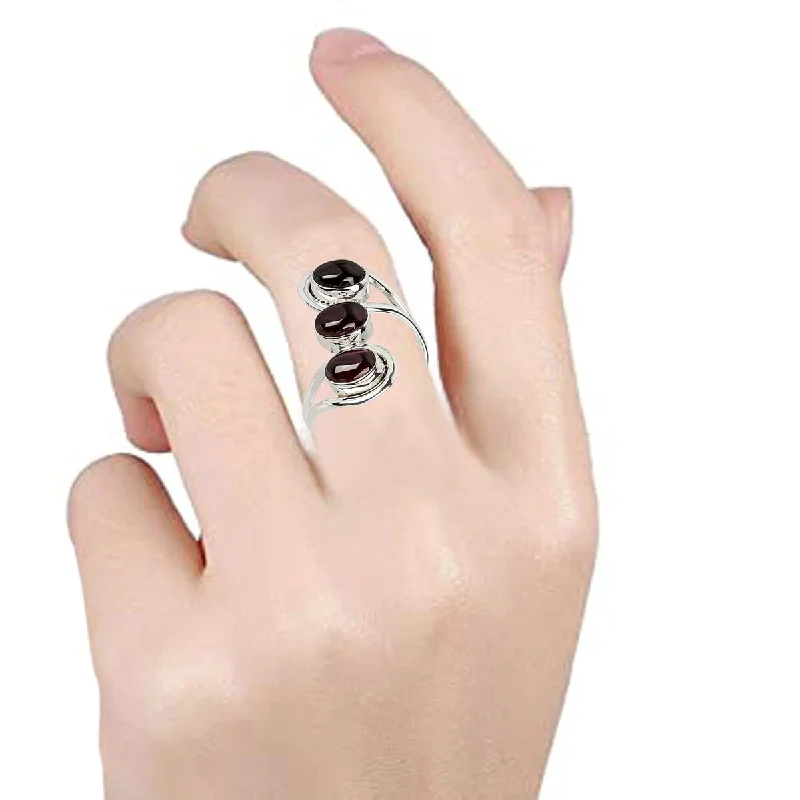 925 Sterling Silver Red Garnet 3-Stone Ring