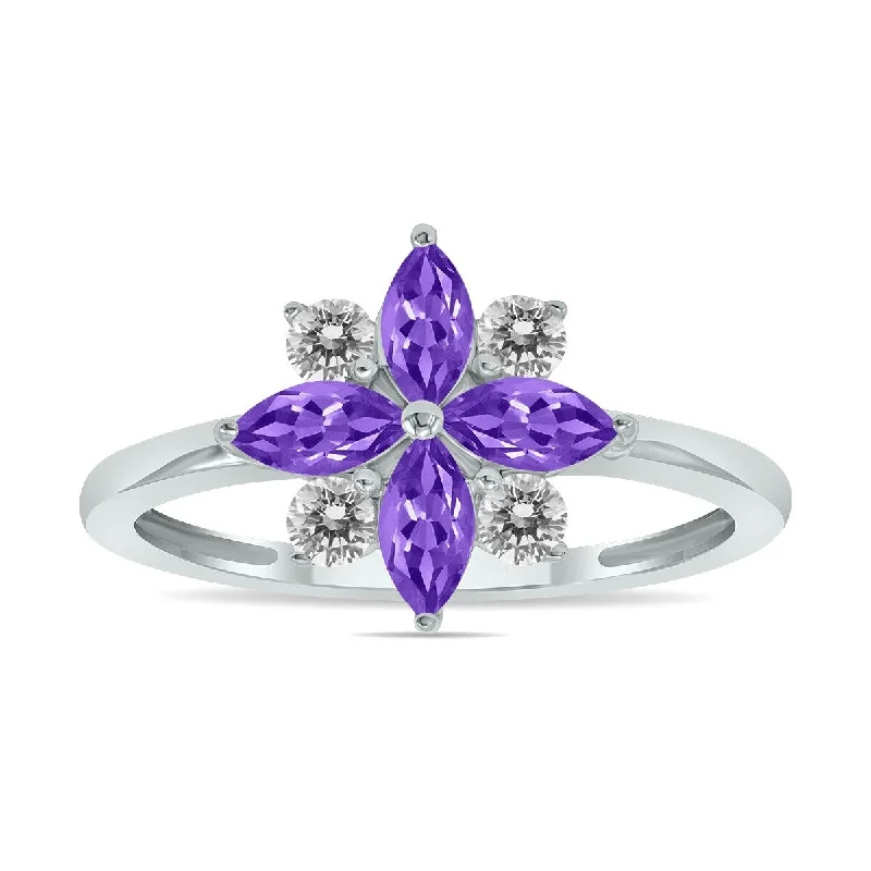 Marquee Jewels 3/4 Carat TW Amethyst and Diamond Flower Ring in 10K White Gold