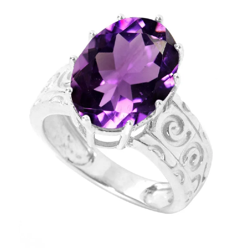 Sterling Silver 5.46cttw Oval Amethyst Solitaire Swirl Engravework Ring