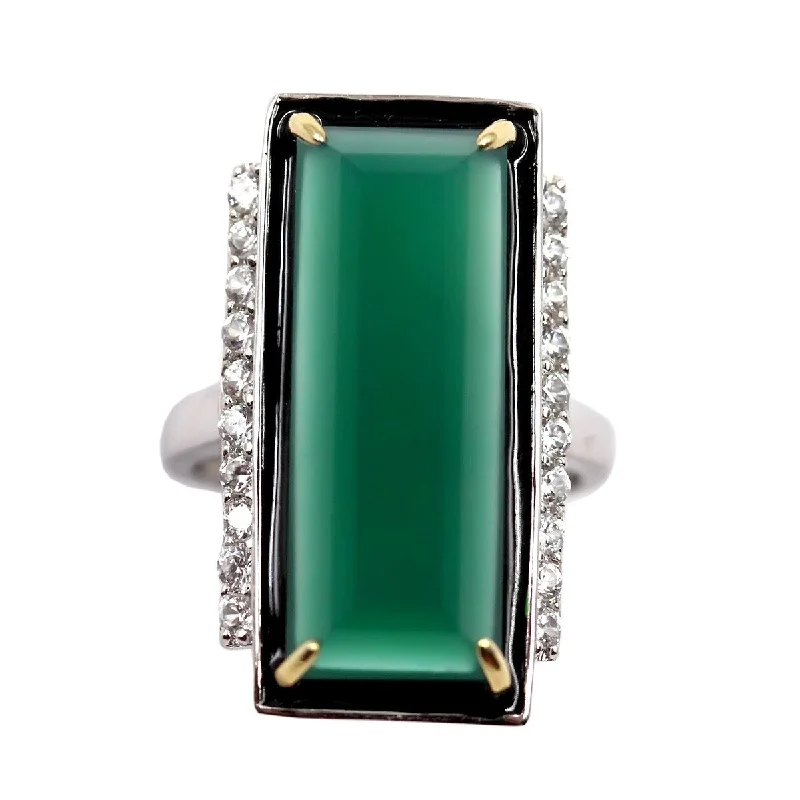 14K Gold & 925 Sterling Silver Green Agate and White Natural Zircon Ring