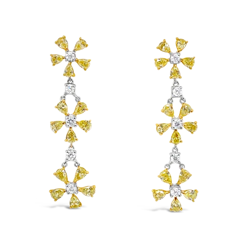 Yellow & White Diamond Dangle Flower Earrings