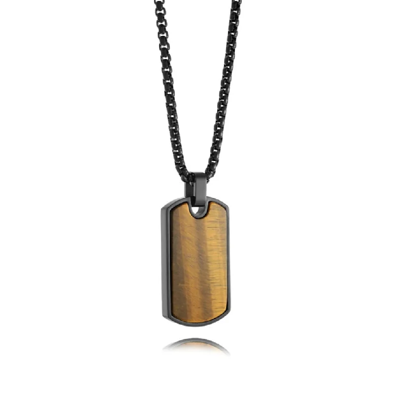 Stainless Steel IP Black Tiger's Eye Dog Tag Men's Necklace