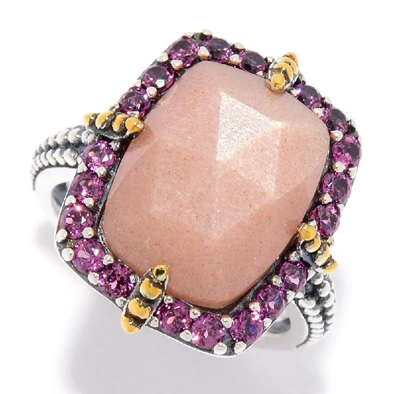 14 x 10mm Peach Moonstone & Rhodolite Garnet Beaded Halo Ring