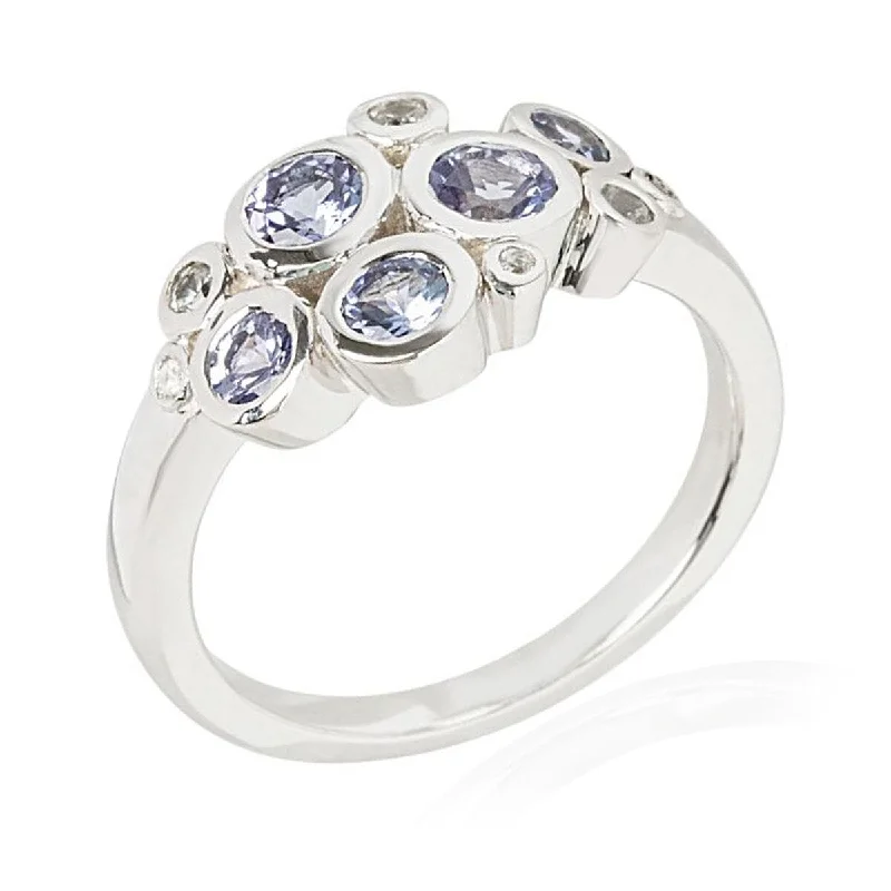 925 Sterling Silver Tanzanite And White Natural Zircon Cluster Ring