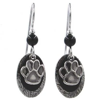 Silver Forest Earrings Silver Black Pawprint on Teardrop