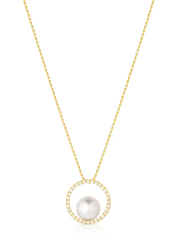 18K Yellow Gold 7.5-8mm Cultured Akoya Pearl & Diamond Open Circle Necklace