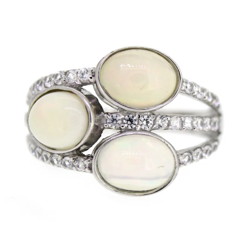 925 Sterling Silver Ethiopian Opal and White Natural Zircon 3-Stone Ring