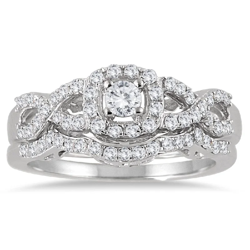 Marquee Jewels 10k White Gold 3/4ct TDW Diamond Halo Bridal Ring Set