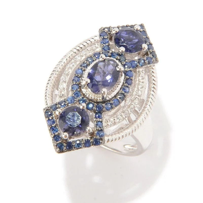 Pinctore Sterling Silver 2ctw Iolite,Blue Saphire & White Zircon Ring, Size 7 - Blue