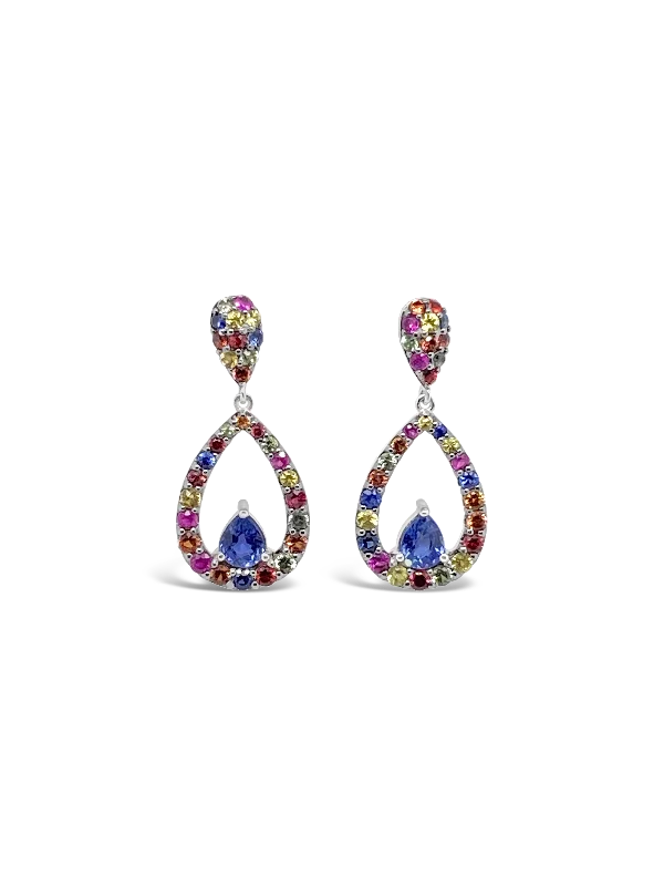 Pear Shaped Rainbow Sapphire Dangle Earrings