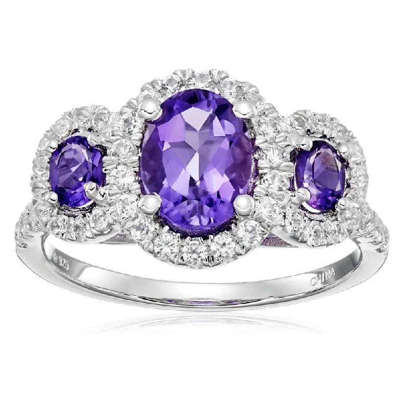 925 Sterling Silver African Amethyst and Created White Sapphire Ring