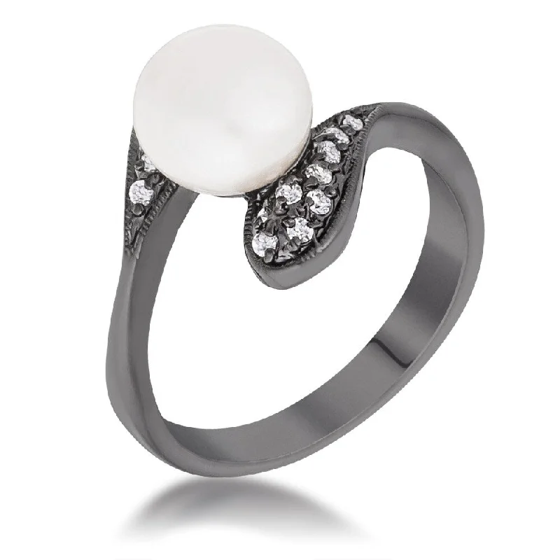 Hematite Pearl Interlocked Double Teardrop Ring with Cubic Zirconia