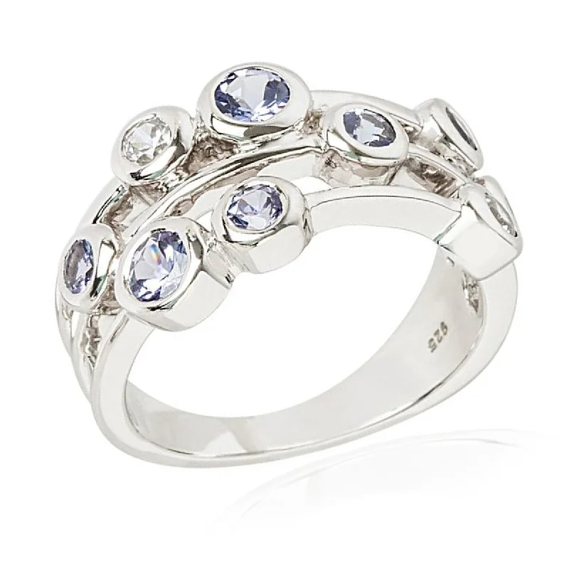 925 Sterling Silver Tanzanite And White Natural Zircon Cluster Ring