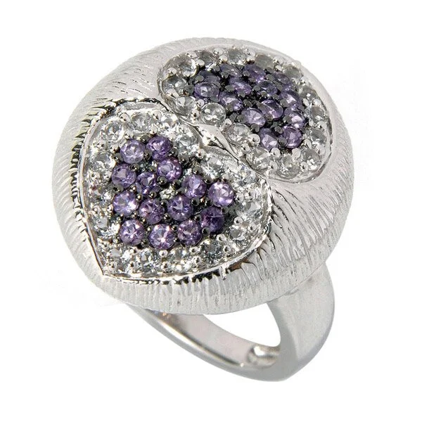 Sterling Silver White Topaz and Amethyst Heart Texture Ring