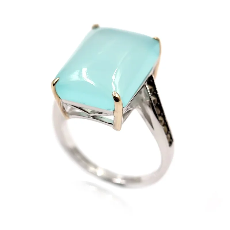 14k Gold and Sterling Silver Aqua Chalcedony and Marcasite Ring