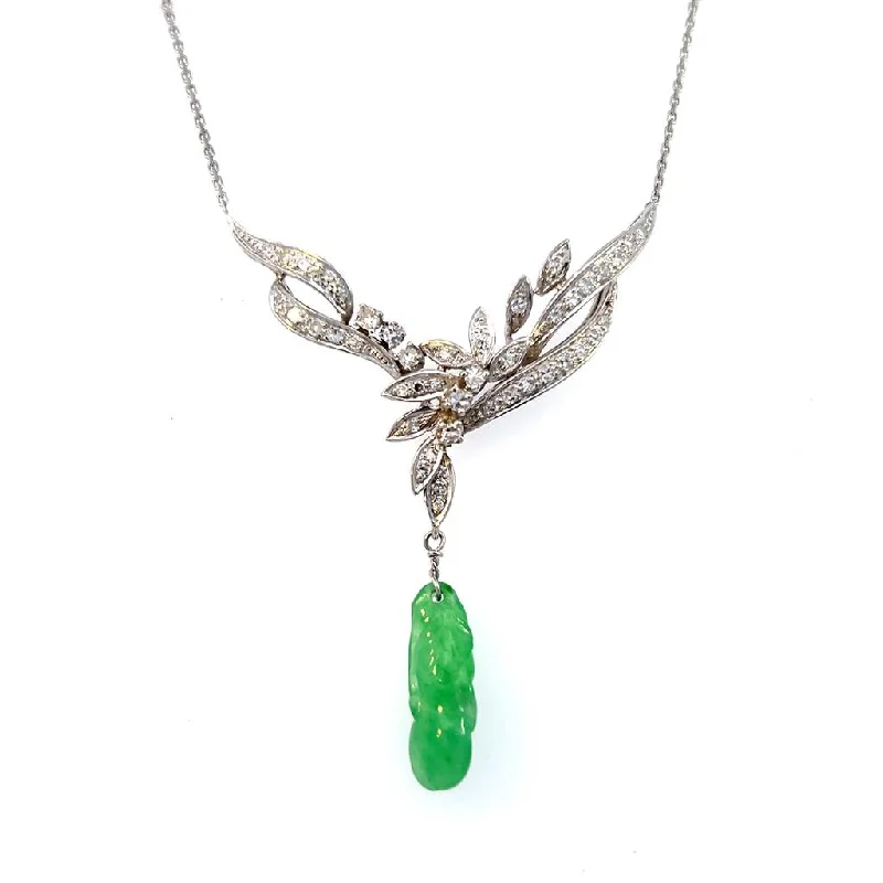 Estate 14K White Gold Carved Jadeite & Diamond Drop Necklace