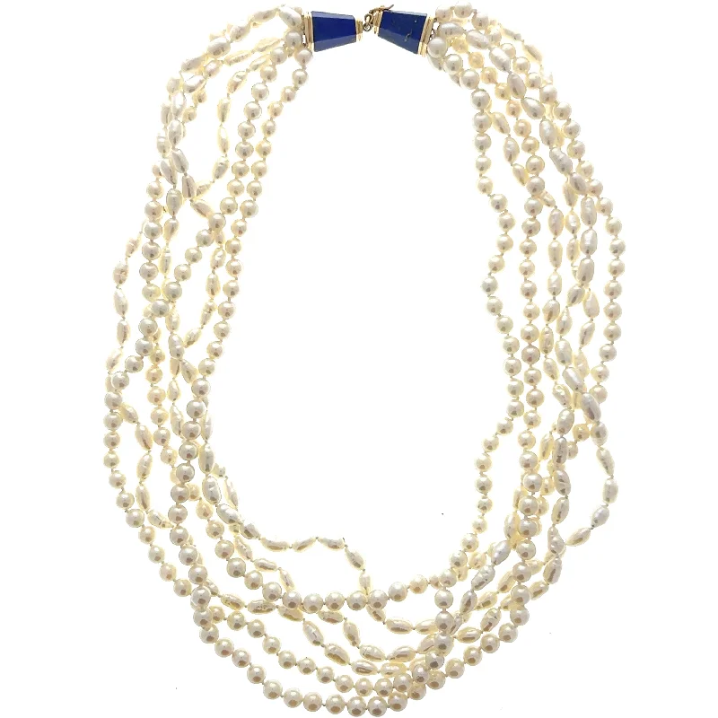 Estate 14K Yellow Gold Lapis Lazuli Clasp & Freshwater Pearl Multi Strand Necklace