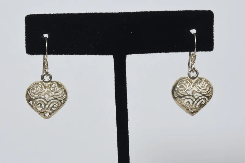 Sterling Silver Puffed Heart Pierced Design Dangle Earrings