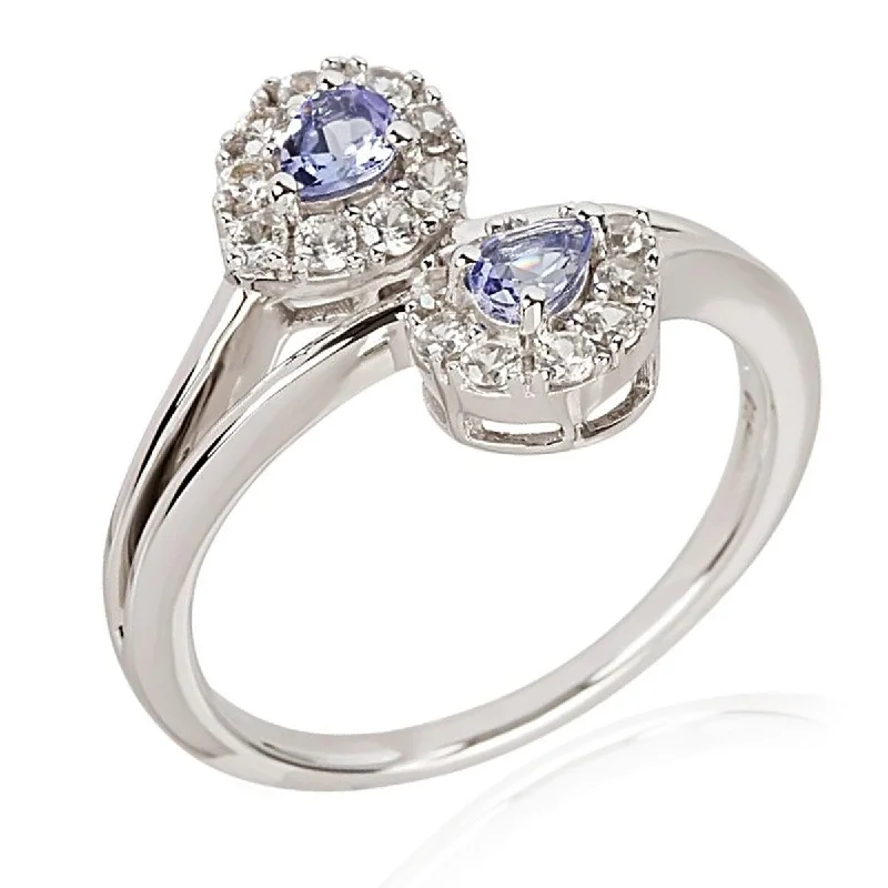 925 Sterling Silver Tanzanite And White Natural Zircon Bypass Ring