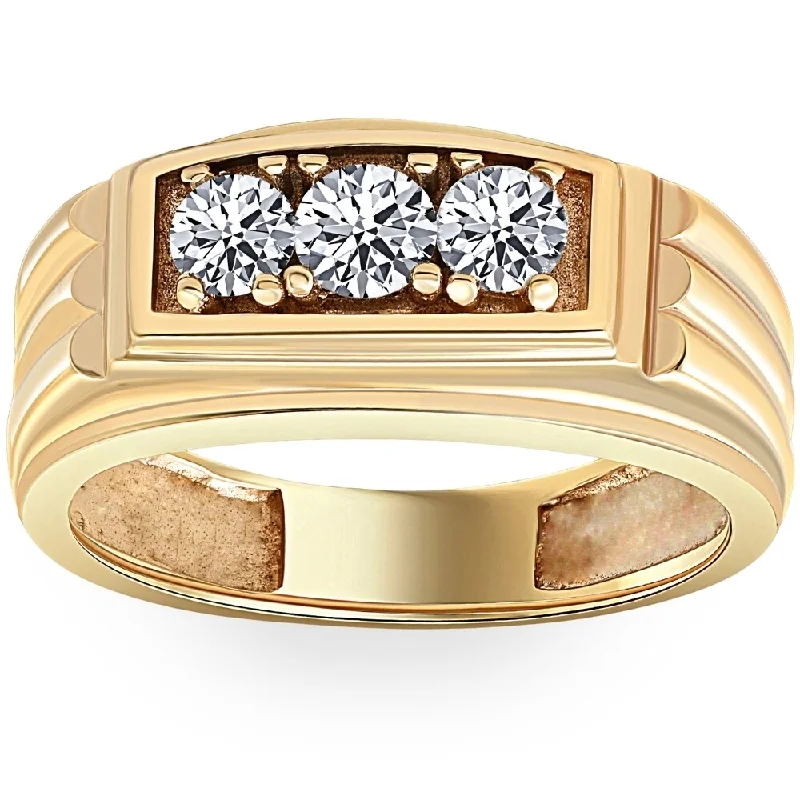 Mens Gold 3/4ct Three Stone Diamond Anniversary Ring 14K Yellow Gold