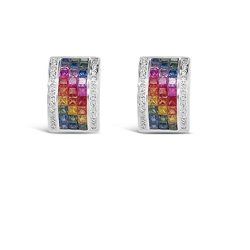 Multi-color Sapphire & Diamond Huggie Hoop Earrings