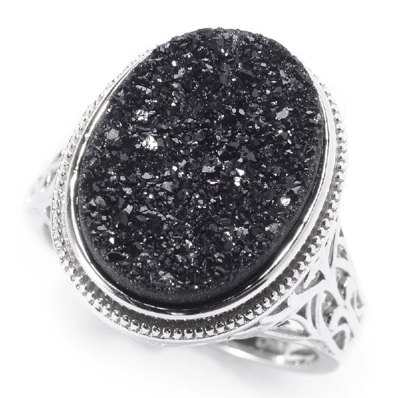 Sterling Silver 16 x 12mm Oval Black Drusy Filigree Ring