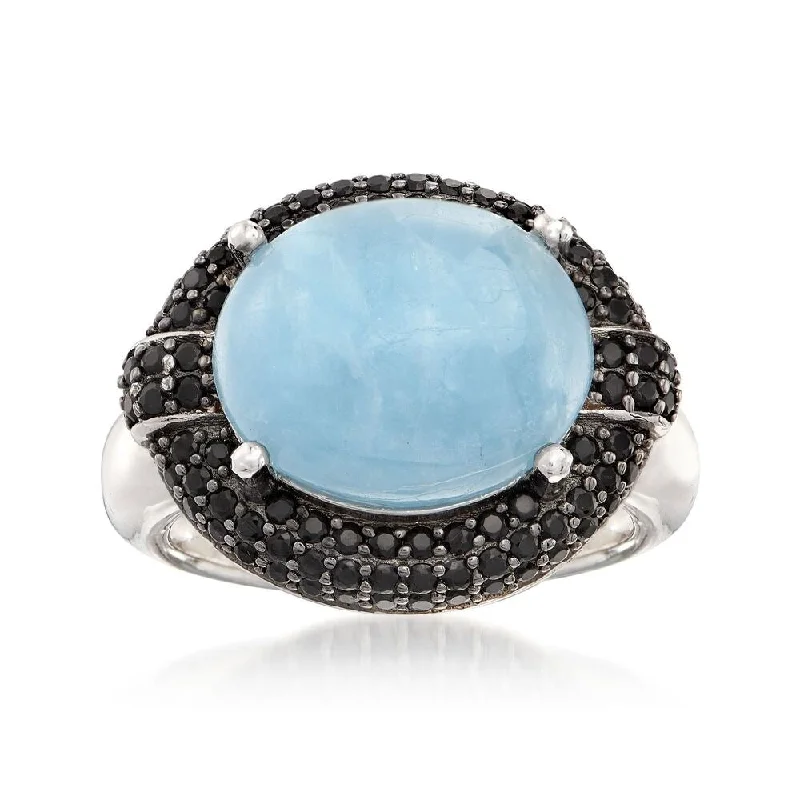 925 Sterling Silver Milky Aquamarine and Black Spinel Ring