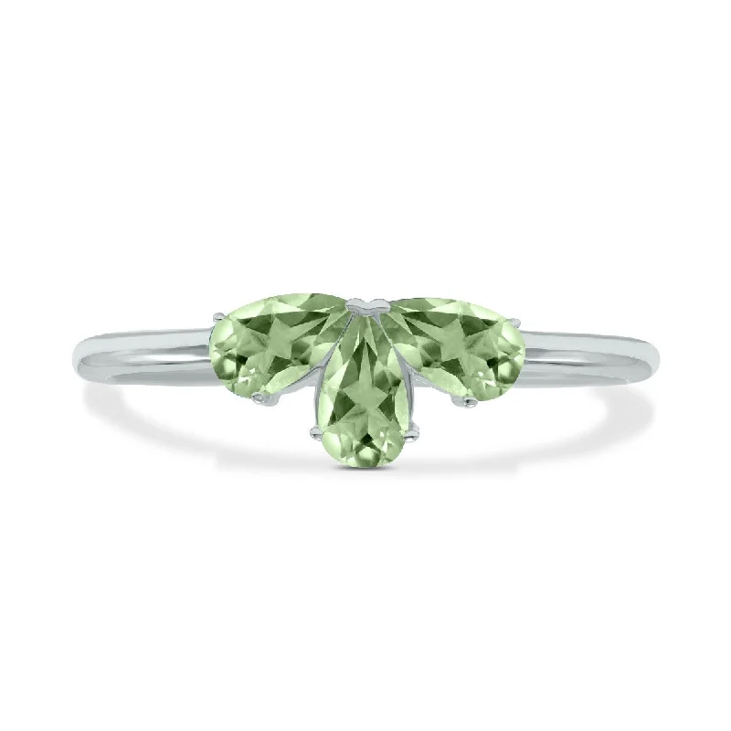 Marquee Jewels Green Amethyst Pear Shape Three Stone Ring in 10K White Gold