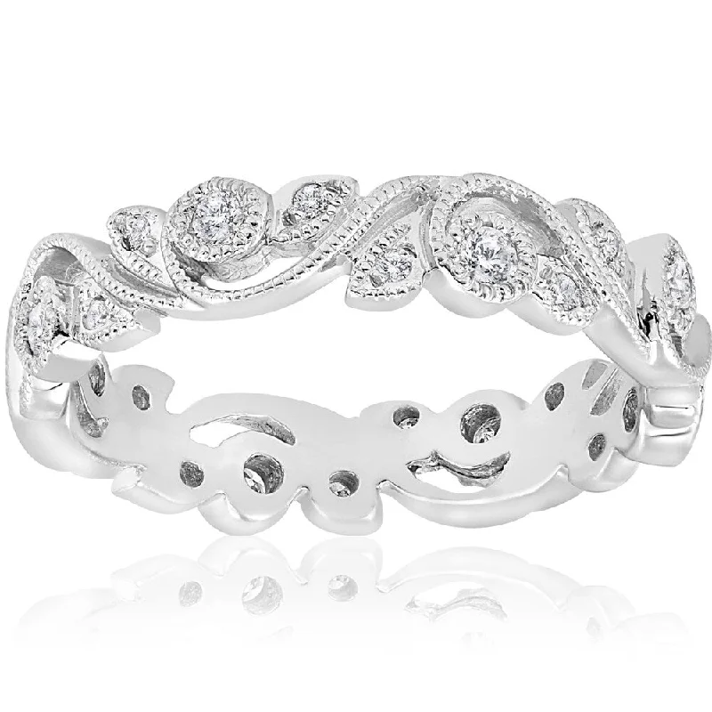 Pompeii3 14k White Gold 1/4 ct TDW Diamond Vintage Filigree Petal Leaf Eternity Wedding Ring