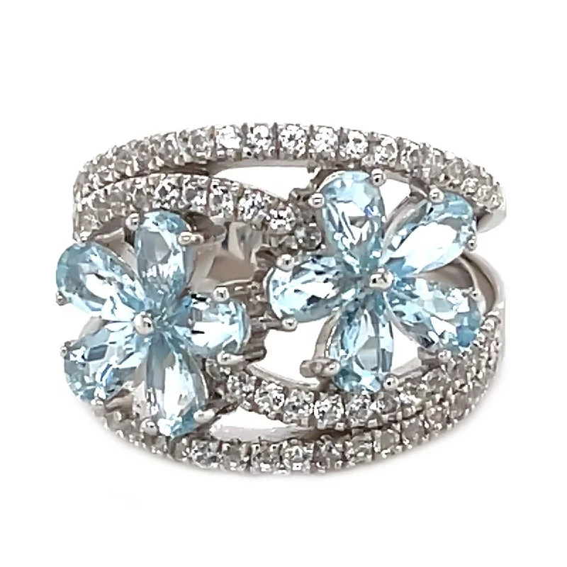 925 Sterling Silver Aquamarine and Created White Sapphire Gemstone Flower Ring