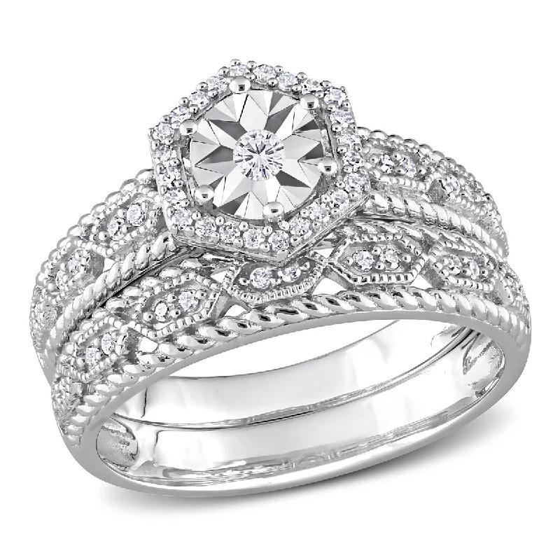 Miadora 1/4ct TW Diamond Hexagon Halo Bridal Ring Set in Sterling Silver