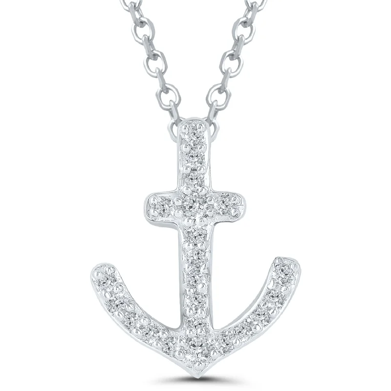 Sterling Silver 0.10ctw Round Diamond Anchor Pendant Necklace