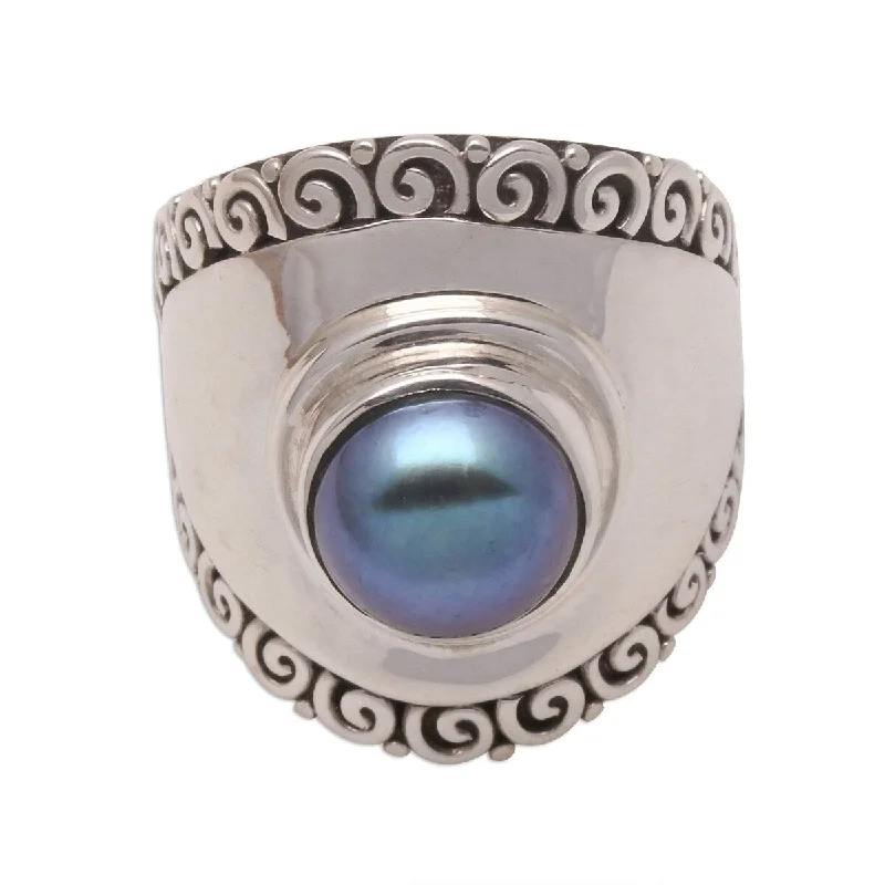 NOVICA Mountaintop in Peacock, Cultured pearl cocktail ring